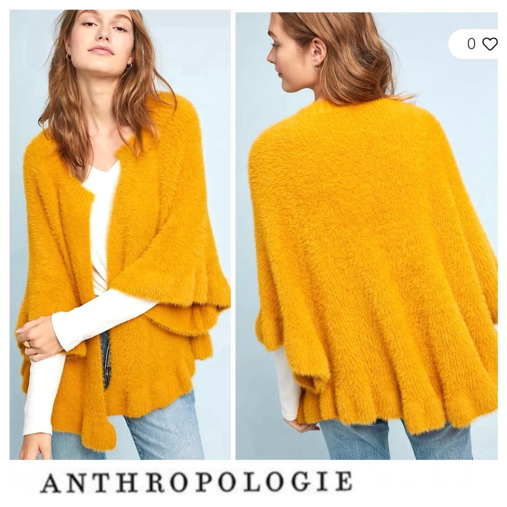 ANTHROPOLOGIE Marigold Ruffled Cozy Plush Crop Open One-size Kimono Cardigan